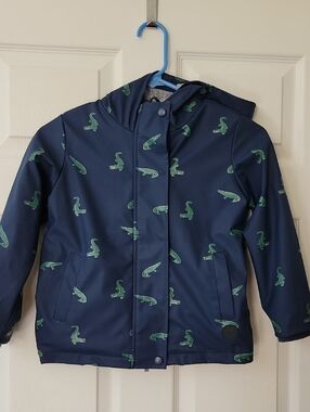 Miles The Labels Kids Navy Rain Jacket with Green Alligator Print, Sz 6